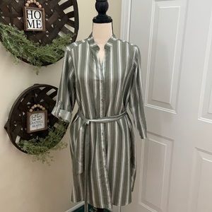 Great olive green & white striped dress!